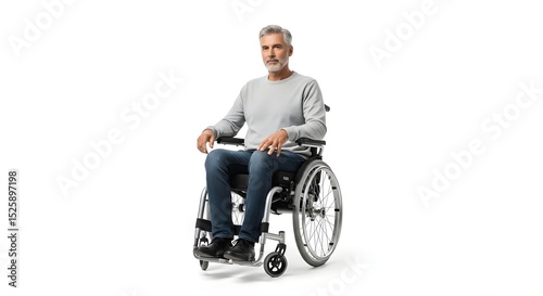 Man with gray hair sitting in a wheelchair on a white background looking ahead