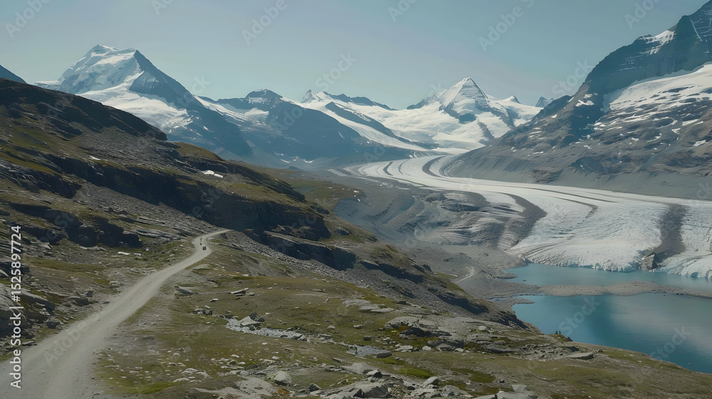 Obraz premium A scenic mountain road winds towards a breathtaking glacier turquoise lake, nestled amidst majestic snow-capped peaks.