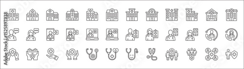 Healthcare icon set. Mobile apps digital health care icon. Icon set contains hospital, doctor, consultation, clinic, stethoscope, nurse, health insurance, family, emergency, online service.