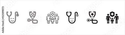 Digital Healthcare icon set. Doctor and health insurance icon. Icon set contains hospital, doctor, consultation, clinic, stethoscope, nurse, family, emergency, online service. Vector illustration.