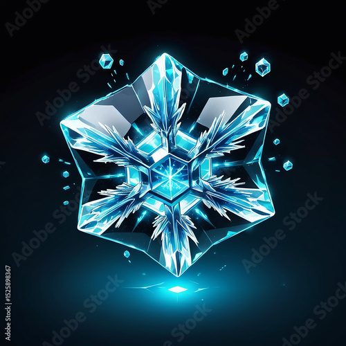 Glowing ice crystal design with intricate snowflake patterns and shimmering light effects against a dark background creating a magical winter atmosphere.