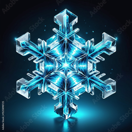 Radiant ice crystal snowflake reflecting light with intricate geometric patterns and vivid blue hues against a dark background creating a mesmerizing winter scene.