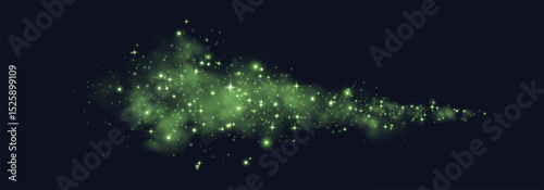 Green glittering dots, particles, stars magic sparks. Glow flare light effect. Green luminous points. Vector particles on black background.