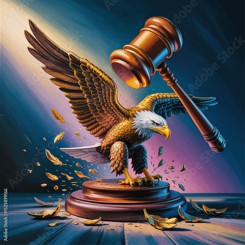 Majestic Bald Eagle and Gavel Symbolizing Justice and American Law in Vibrant Dramatic Light, Legal Power Concept Art