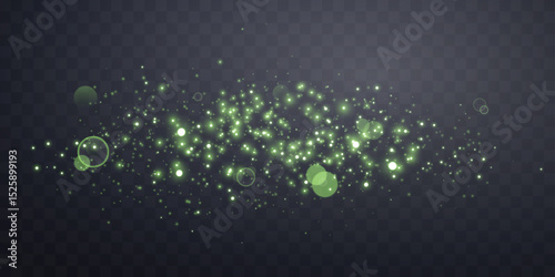 Green glittering dots, particles, stars magic sparks. Glow flare light effect. Green luminous points. Vector particles on transparent background.