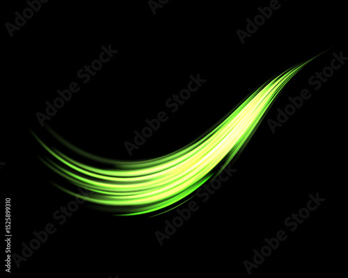 Glowing green lines. Neon realistic energy speed. Abstract light effect on a black background. Vector illustration.