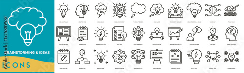 Brainstorming & Ideas icon set. Idea Lightbulb, Creative Mind, Brain Spark, Innovation Burst, Thought Bubble, Idea Cloud and Brainstorm Session