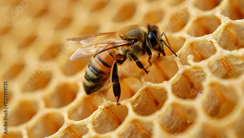 Close up of honey bee inspecting a honeycomb cell in a natural environment.