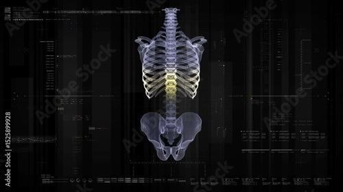 Futuristic biomedical concept with advanced holographic scanning and HUD diagnosing spinal disc herniation using 3D holograms of a patient’s backbone, AR, and real-time medical imaging