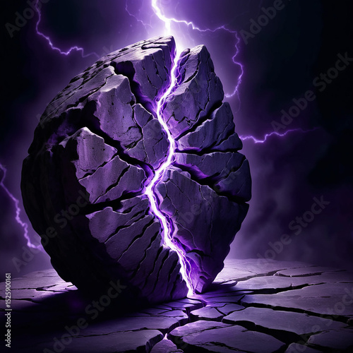Vibrant purple rock splitting open with bright lightning emerging from the center against a dark stormy background creating a dynamic and dramatic visual effect.