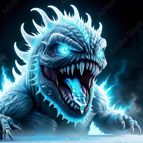 Fierce ice monster with glowing blue eyes and icy breath surrounded by a dark, atmospheric environment illustrating a fantasy creature concept.
