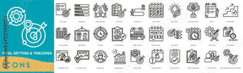 Goal Setting and Tracking icon set. Goal Target, Progress Bar, Milestone Marker, Action Plan, Success Path, Daily Tracker, Smart Goals and Achievement Badge