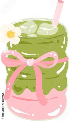 Iced Matcha Latte Illustration with Pink Ribbon


