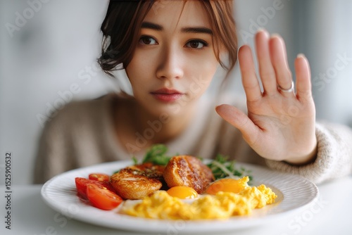 Woman refusing a plate of breakfast food.