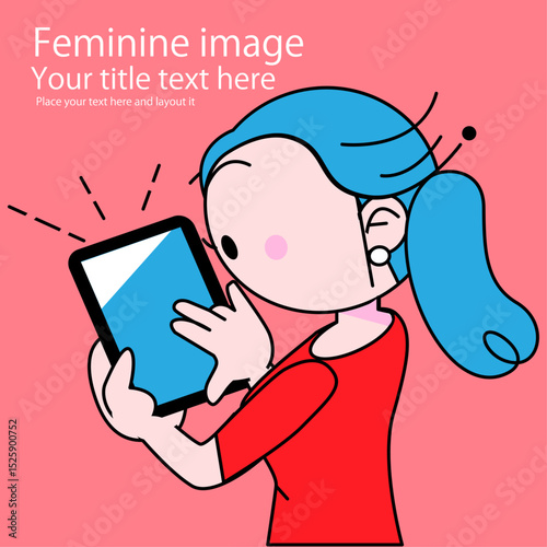可愛い女性のちびキャラがタブレットPCを見てるポーズ