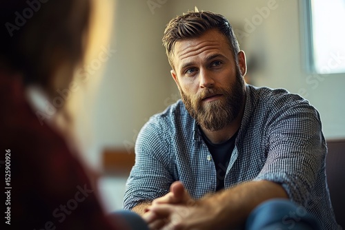 bearded man in checkered shirt engaged in conversation, showing attentiveness and thoughtful expression in a softly lit indoor setting