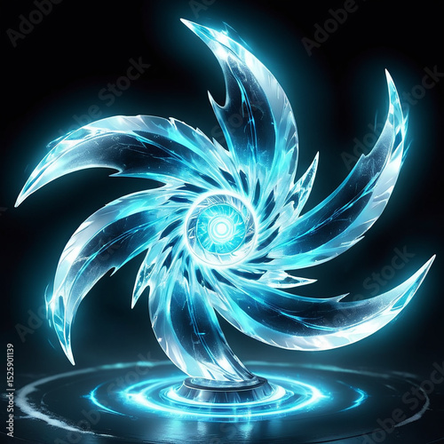 Glowing blue ice sculpture with swirling blade design on dark background illuminating the surrounding area with ethereal light and intricate details.