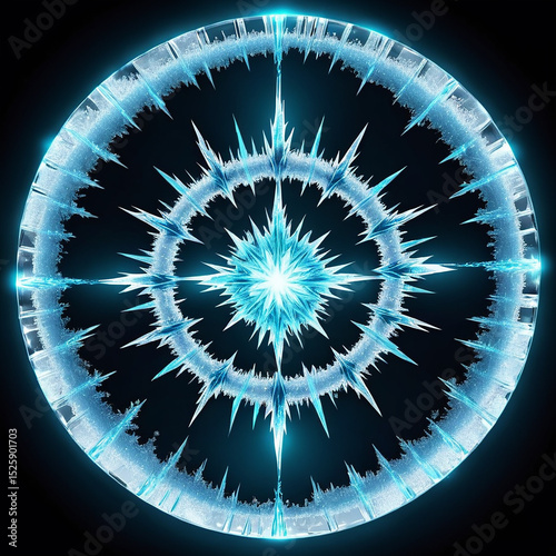 Radiant blue geometric design with intricate patterns resembling a snowflake or star against a dark background highlighting symmetry and vibrant colors.