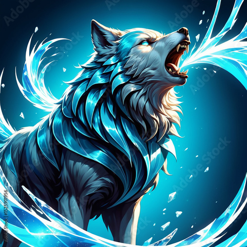 Fierce wolf with flowing blue mane howling against a glowing background, surrounded by swirling icy elements that create a dynamic and powerful atmosphere.