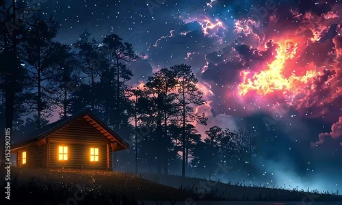 Secluded off-grid cabin enduring a dramatic electromagnetic storm