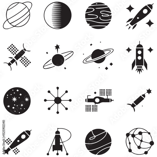 Space Exploration Icons Set Planets Rockets Satellites Stars Universe Astronomy Graphic Design Elements