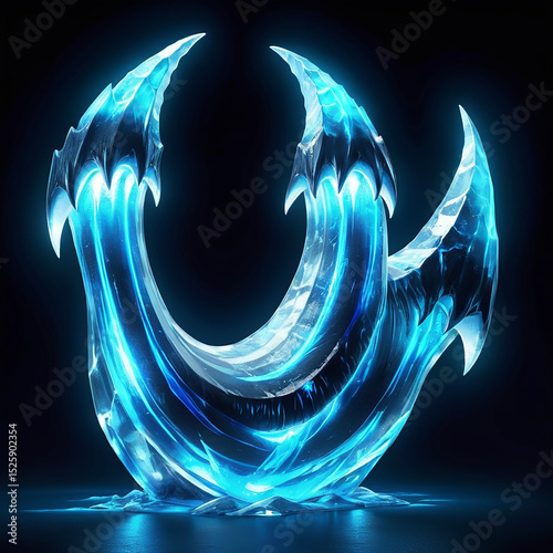 Illuminated blue ice sculpture with sharp edges reflecting light in dark background, showcasing a unique design and intricate details of frozen art.