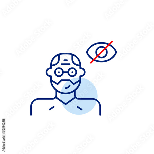 Vector icon of middle-aged man with crossed-out eye, symbolizing hidden identity, private profile, or invisible status. Ideal for social apps, privacy settings, and ui