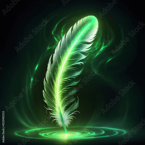 Glowing green feather rising from a shimmering pool of light surrounded by ethereal mist creating an enchanting and mystical atmosphere filled with vibrant colors and dreamy effects.