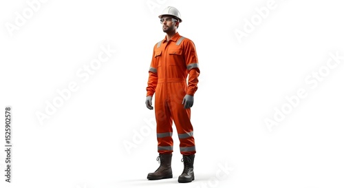 Man in orange coveralls with hard hat and safety glasses standing isolated