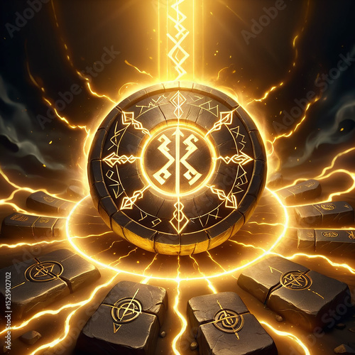 Radiant ancient artifact surrounded by glowing symbols in a mystical sphere with intricate designs and energetic light beams illuminating the dark surroundings.
