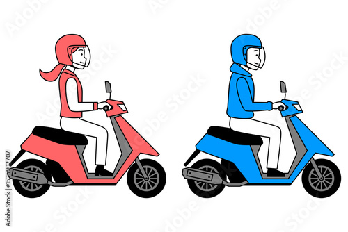 原付バイクを運転する若い男女　セット