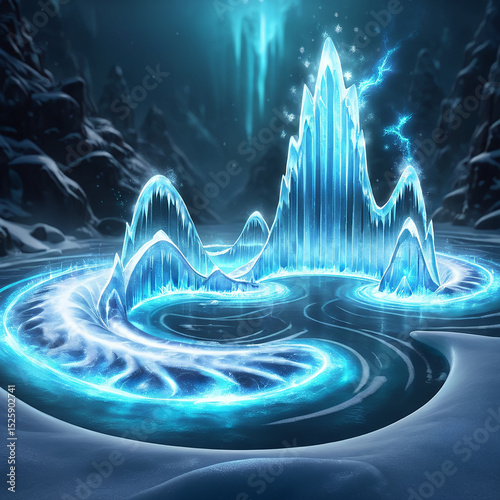 Glowing ice formation surrounded by dark snowy landscape with brilliant blue light radiating from the peaks and swirling icy patterns in the water underneath.