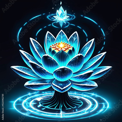 Glowing blue lotus flower with intricate details and magical elements emanating light in a dark background, representing beauty, tranquility, and spiritual significance in art.
