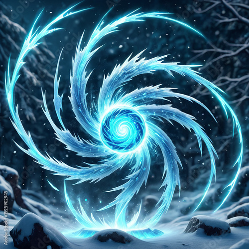 Ethereal icy vortex swirling amidst a dark snowy forest glowing with bright blue and white light in a magical fantasy atmosphere invoking mystery and wonder.