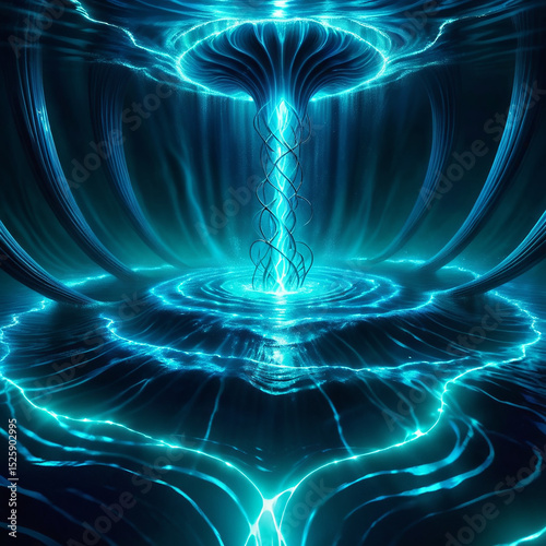 Radiant blue vortex swirling with energy in a dark cosmic setting, luminous waves cascading outward creating a mesmerizing visual effect reminiscent of a dynamic force of nature.