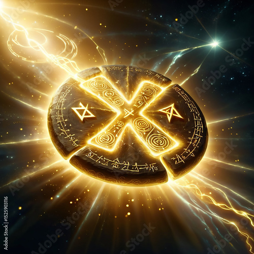 Golden shield with ancient symbols glowing in deep space surrounded by a radiant aura and energy sparks illuminating the surrounding cosmic environment.