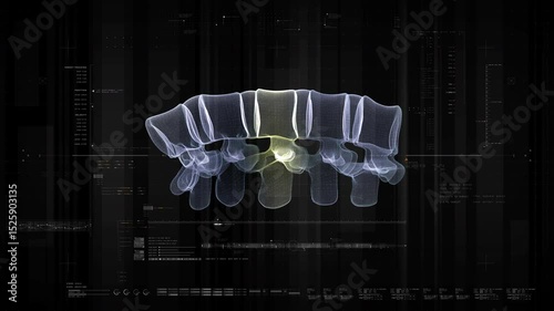 Futuristic biomedical concept with advanced holographic scanning and HUD diagnosing spinal disc herniation using 3D holograms of a patient’s backbone, AR, and real-time medical imaging