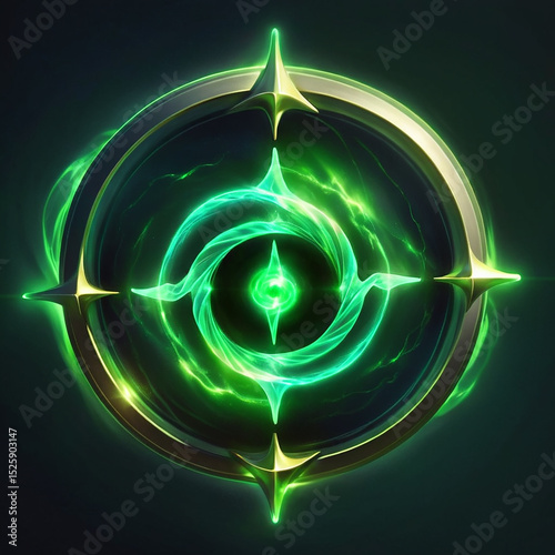 Glowing green circular emblem with swirling energy and sharp accents, set against a dark background ideal for fantasy or game design concepts and artistic representations.