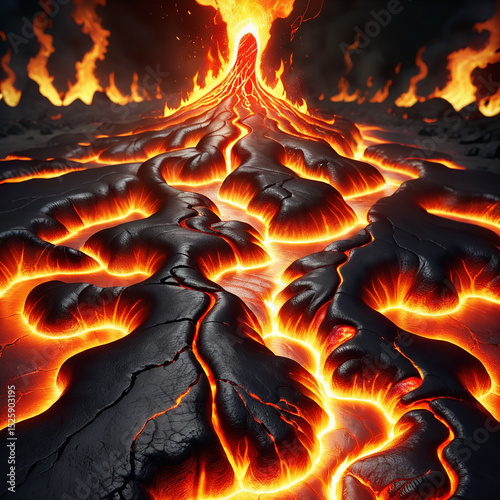 Erupting volcano spewing lava with glowing red and orange fissures flowing down its sides against a backdrop of black rock and smoky atmosphere.