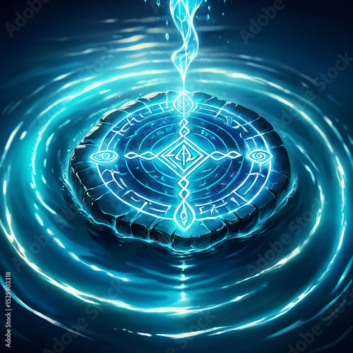 Mystical stone altar surrounded by glowing blue light and water, featuring intricate symbols and enchanting energy emanating from the center, creating a magical atmosphere.
