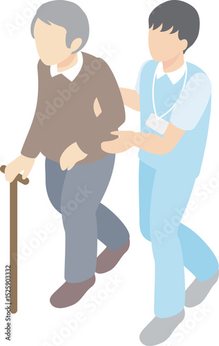 アイソメトリック　介護　福祉　医療　人物　男性　看護師　介護福祉士　シニア　高齢者　イラスト