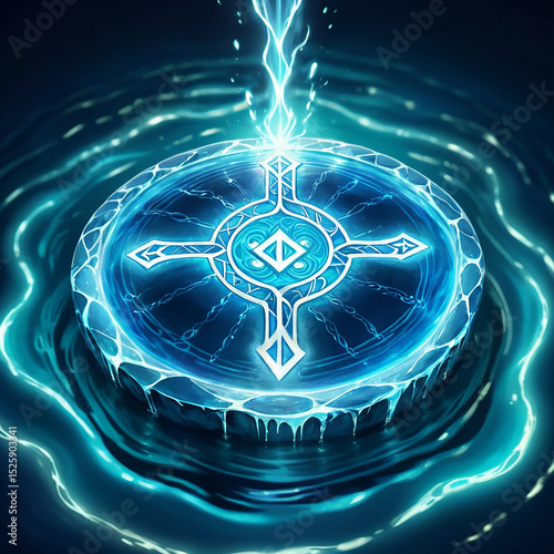Glowing blue symbol on circular water surface surrounded by luminous light and intricate designs reflecting dynamic energy and motion.