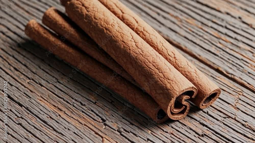 Discovering the rich texture and aroma of cinnamon sticks on rustic wooden surface