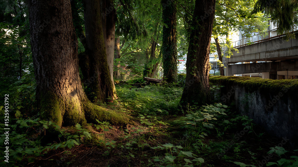 Obraz premium Lush forest scene with sunlight filtering through trees.