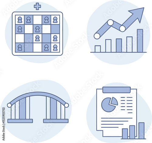 Strategy measurement icons. KPI tracking, financial chart, performance review, business goal optimization  