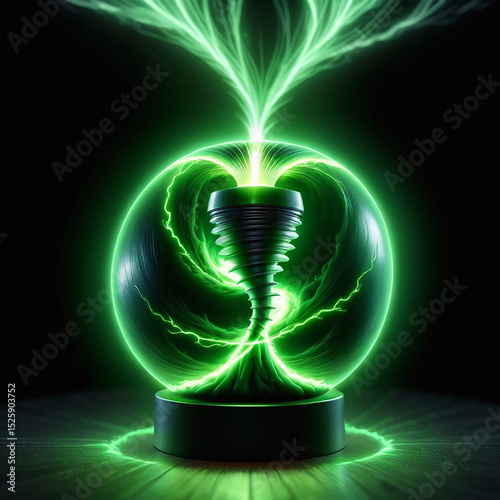 Mysterious glowing orb with swirling green energy emanating from a metallic base, creating a captivating visual display filled with dynamic light and motion.