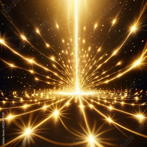Bright golden light burst radiating from the center, surrounded by shimmering particles and star-like effects, creating a magical and ethereal atmosphere in a dark background.