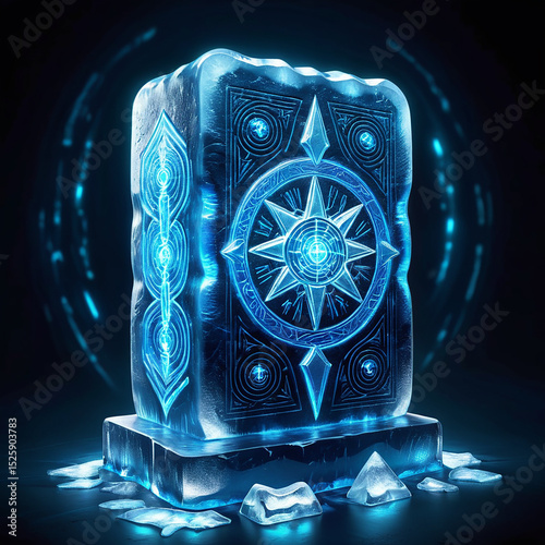 Illuminated ice block with intricate carvings and glowing blue symbols, surrounded by shards and a mystical aura in a dark setting.