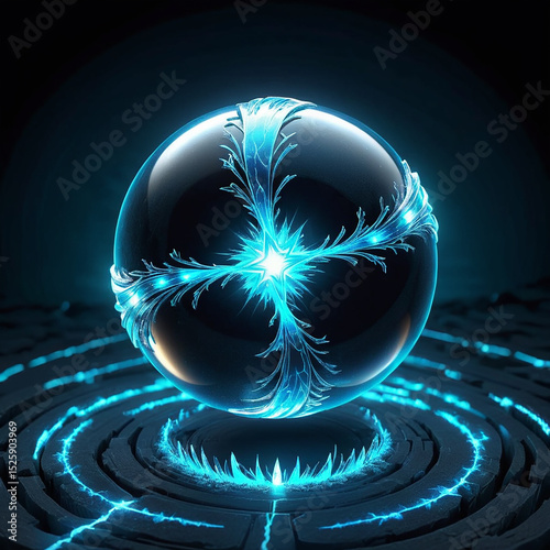 Glowing blue crystal orb with intricate frost-like patterns emanating light on a dark, textured surface surrounded by radiant energy.