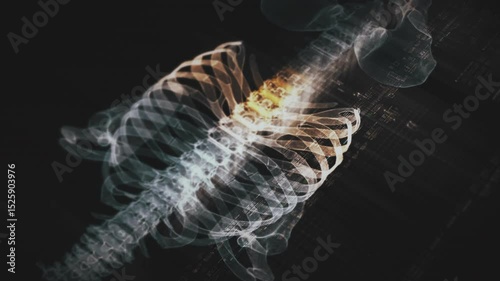 Futuristic biomedical concept with advanced holographic scanning and HUD diagnosing spinal disc herniation using 3D holograms of a patient’s backbone, AR, and real-time medical imaging